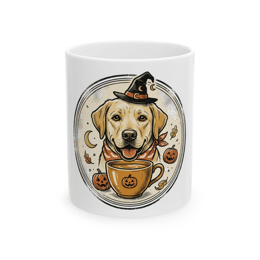 Halloween Labrador Coffee Mug — Cute Dog in Witch Hat with Pumpkin Latte (11oz & 15oz)